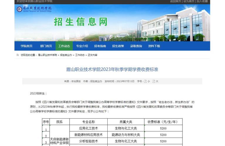 眉山职业技术学院学费标准是多少